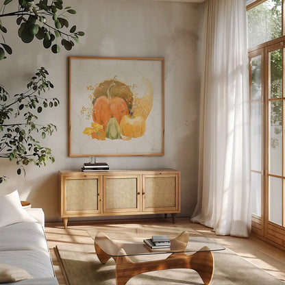 Harvest Wishes IV by Beth Grove. Shown in a natural wood frame in a cozy modern living room. Available as an archival giclee rolled canvas, fine art paper, or poster print. SKU 100681a.