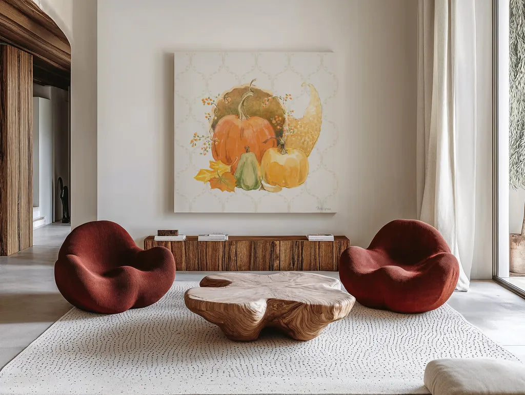 Harvest Wishes IV by Beth Grove. Shown as extra-large giant wall art in a modern living room. Available as an archival giclee rolled canvas, fine art paper, or poster print. SKU 100681a.