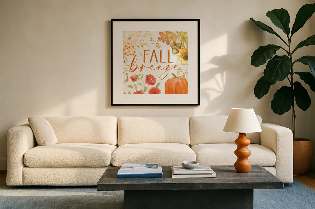 Harvest Wishes VII by Beth Grove. Displayed in a glass frame with matte in a clean modern living room. Available as an archival giclee rolled canvas, fine art paper, or poster print. SKU 100684a.