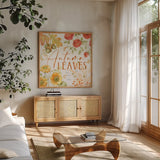 Harvest Wishes VIII by Beth Grove. Shown in a natural wood frame in a cozy modern living room. Available as an archival giclee rolled canvas, fine art paper, or poster print. SKU 100685a.