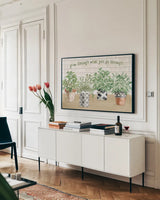 Herb Garden I by Beth Grove. shown as a framed stretched canvas in a living room above a console. Available as a archival giclee rolled canvas, fine art paper, or poster print. SKU 66644i.