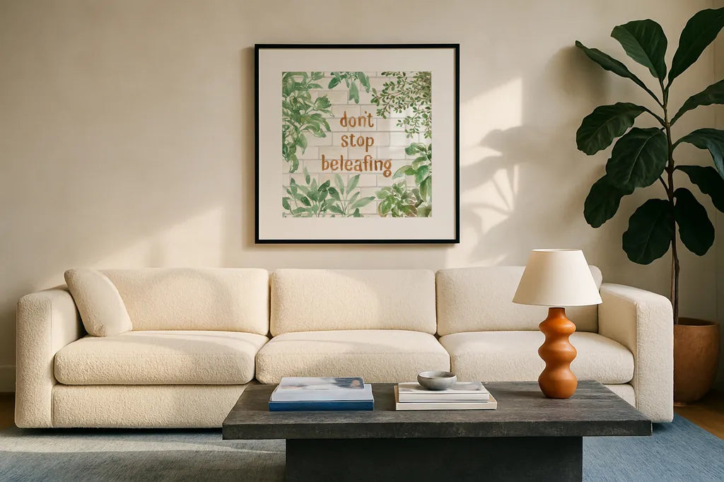 Herb Garden VI by Beth Grove. Displayed in a glass frame with matte in a clean modern living room. Available as an archival giclee rolled canvas, fine art paper, or poster print. SKU 66649a.