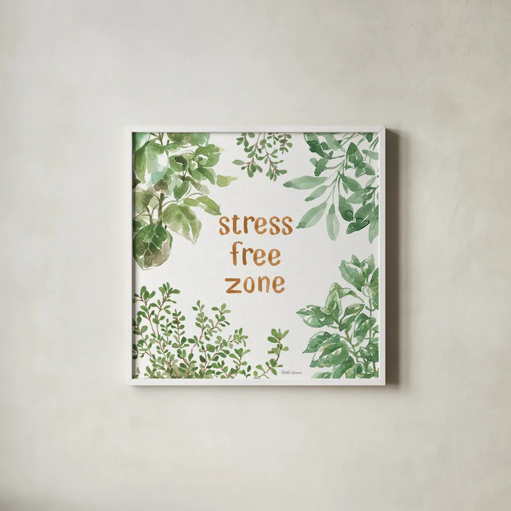 Herb Garden VII Stree Free by Beth Grove. Shown in a crisp white glass frame for a clean and minimalist style. Available as an archival giclee rolled canvas, fine art paper, or poster print. SKU 72540a.