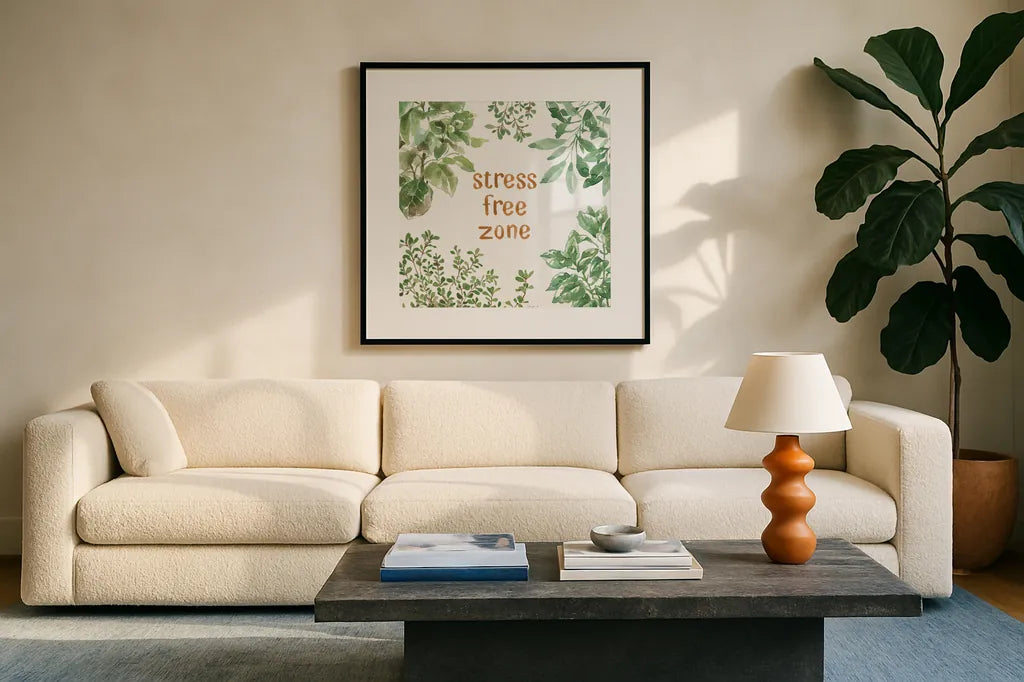 Herb Garden VII Stree Free by Beth Grove. Displayed in a glass frame with matte in a clean modern living room. Available as an archival giclee rolled canvas, fine art paper, or poster print. SKU 72540a.