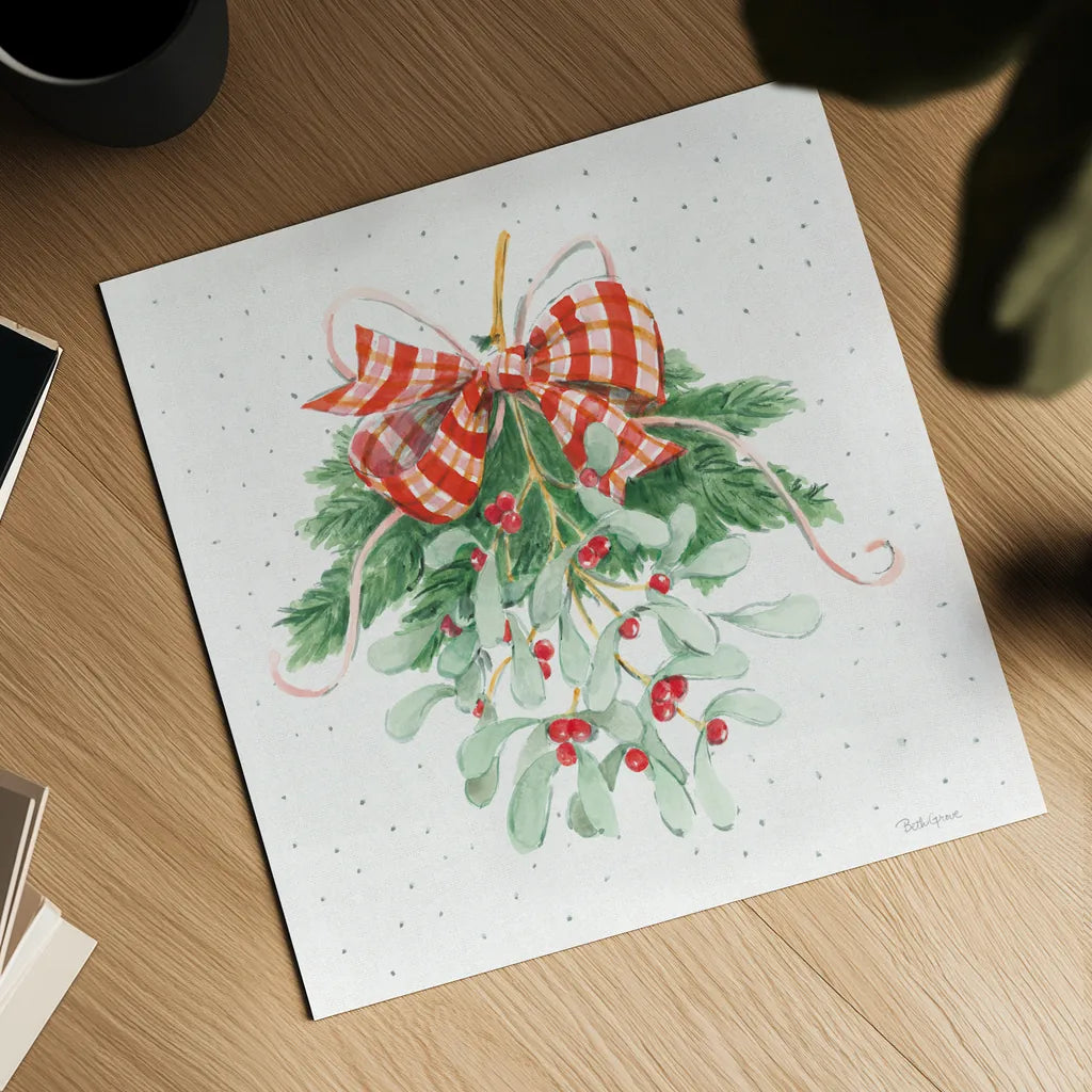 Holiday Bows I by Beth Grove. Shown as a detailed flat fine art print, highlighting archival giclee quality. Available as an archival giclee rolled canvas, fine art paper, or poster print. SKU 100093a.