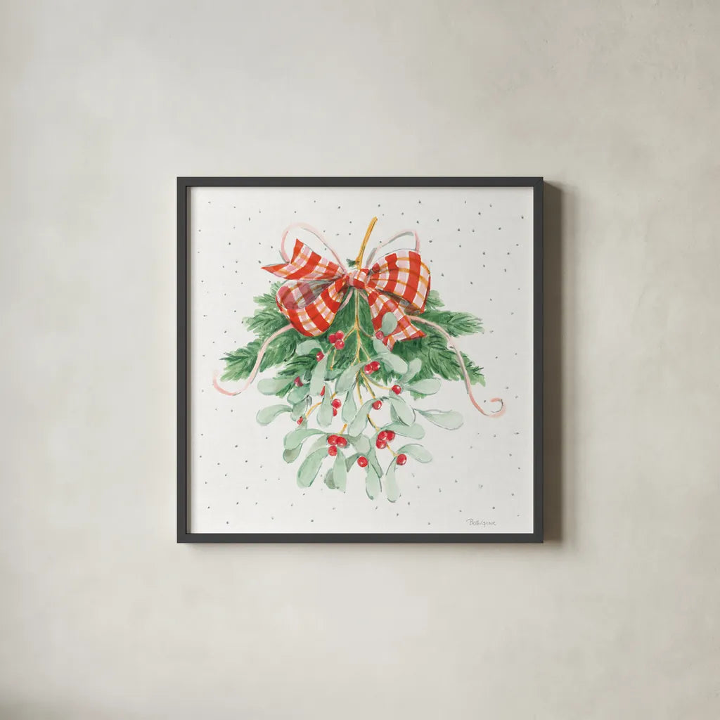 Holiday Bows I by Beth Grove. Shown in a sleek black glass frame for a contemporary gallery look. Available as an archival giclee rolled canvas, fine art paper, or poster print. SKU 100093a.