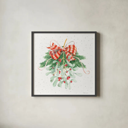 Holiday Bows I by Beth Grove. Shown in a sleek black glass frame for a contemporary gallery look. Available as an archival giclee rolled canvas, fine art paper, or poster print. SKU 100093a.