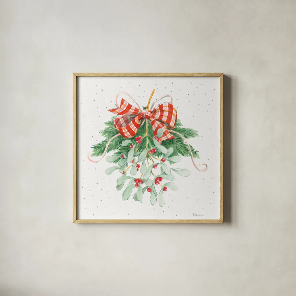 Holiday Bows I by Beth Grove. Shown in a natural wood glass frame for a timeless modern aesthetic. Available as an archival giclee rolled canvas, fine art paper, or poster print. SKU 100093a.