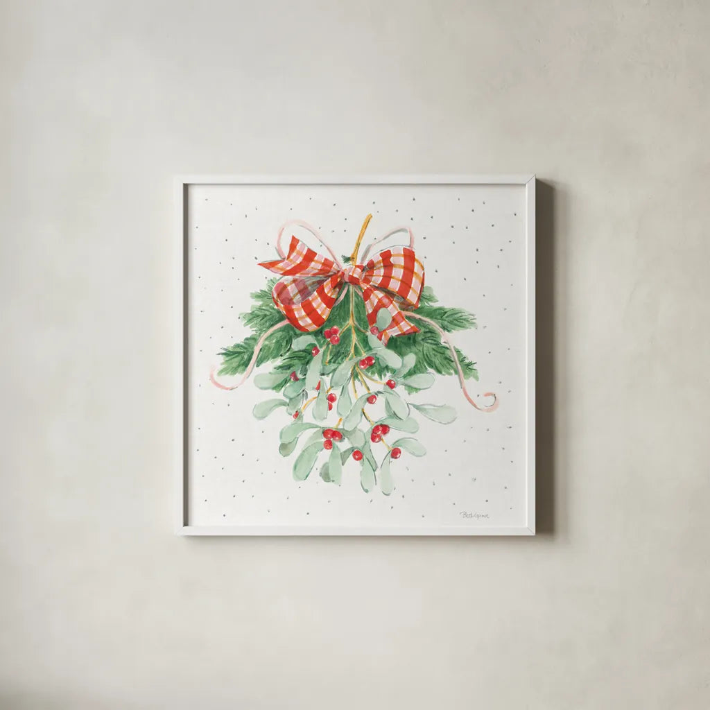 Holiday Bows I by Beth Grove. Shown in a crisp white glass frame for a clean and minimalist style. Available as an archival giclee rolled canvas, fine art paper, or poster print. SKU 100093a.
