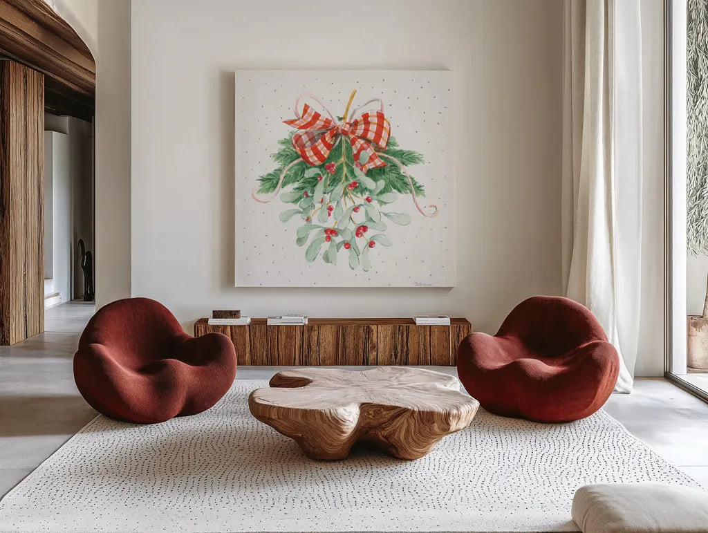 Holiday Bows I by Beth Grove. Shown as extra-large giant wall art in a modern living room. Available as an archival giclee rolled canvas, fine art paper, or poster print. SKU 100093a.