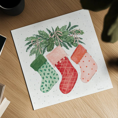 Holiday Bows II by Beth Grove. Shown as a detailed flat fine art print, highlighting archival giclee quality. Available as an archival giclee rolled canvas, fine art paper, or poster print. SKU 100094a.