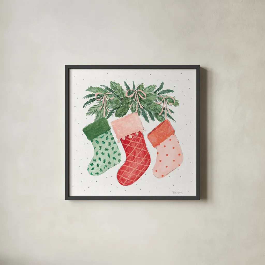 Holiday Bows II by Beth Grove. Shown in a sleek black glass frame for a contemporary gallery look. Available as an archival giclee rolled canvas, fine art paper, or poster print. SKU 100094a.