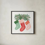 Holiday Bows II by Beth Grove. Shown in a sleek black glass frame for a contemporary gallery look. Available as an archival giclee rolled canvas, fine art paper, or poster print. SKU 100094a.