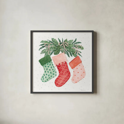 Holiday Bows II by Beth Grove. Shown in a sleek black glass frame for a contemporary gallery look. Available as an archival giclee rolled canvas, fine art paper, or poster print. SKU 100094a.