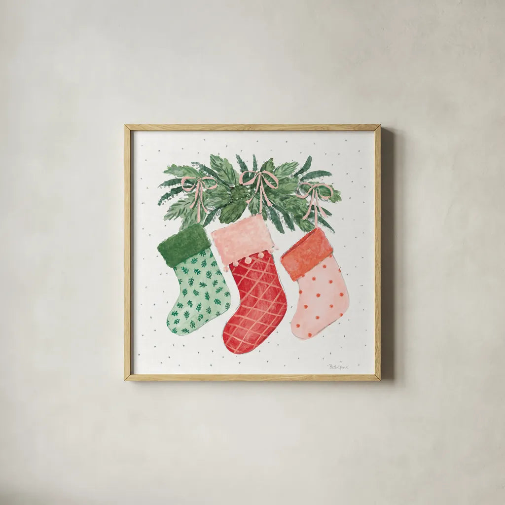 Holiday Bows II by Beth Grove. Shown in a natural wood glass frame for a timeless modern aesthetic. Available as an archival giclee rolled canvas, fine art paper, or poster print. SKU 100094a.