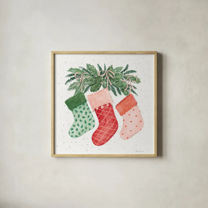 Holiday Bows II by Beth Grove. Shown in a natural wood glass frame for a timeless modern aesthetic. Available as an archival giclee rolled canvas, fine art paper, or poster print. SKU 100094a.