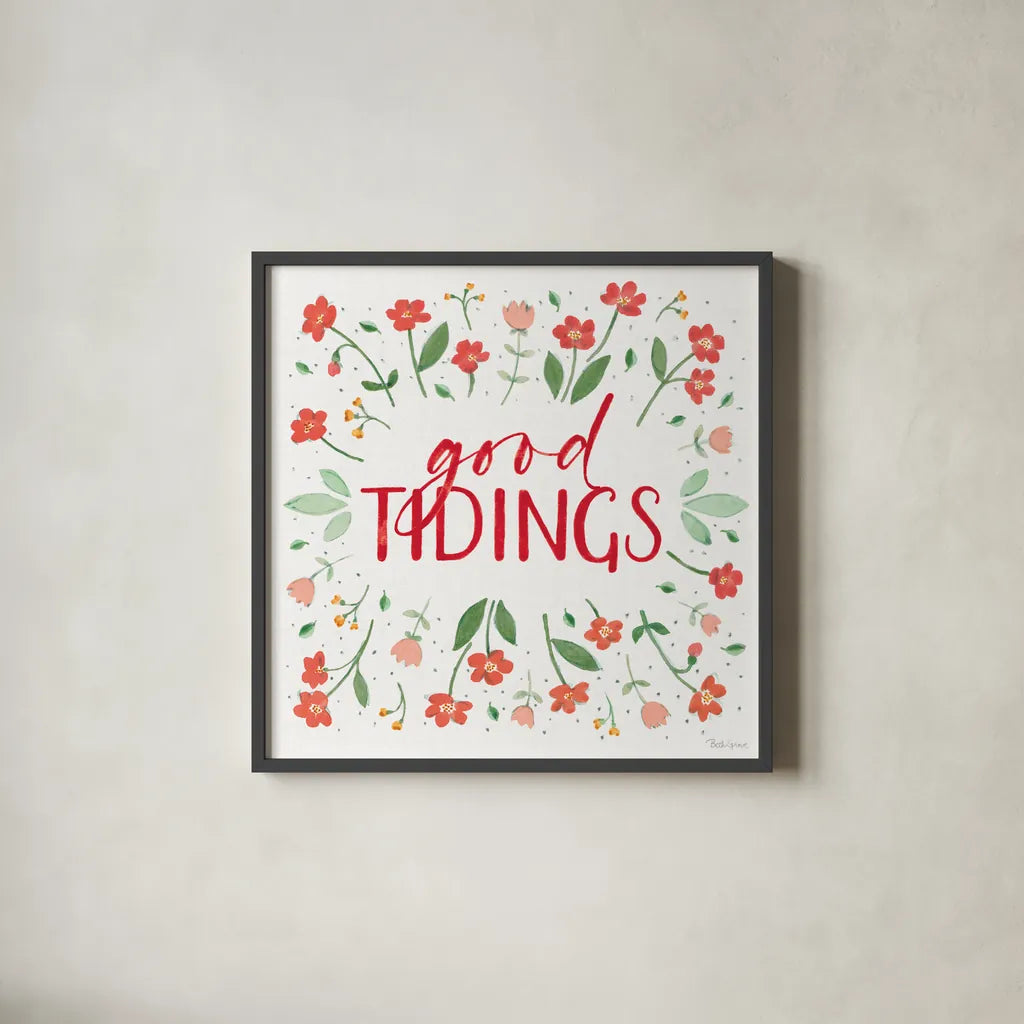 Holiday Bows VI by Beth Grove. Shown in a sleek black glass frame for a contemporary gallery look. Available as an archival giclee rolled canvas, fine art paper, or poster print. SKU 100098a.