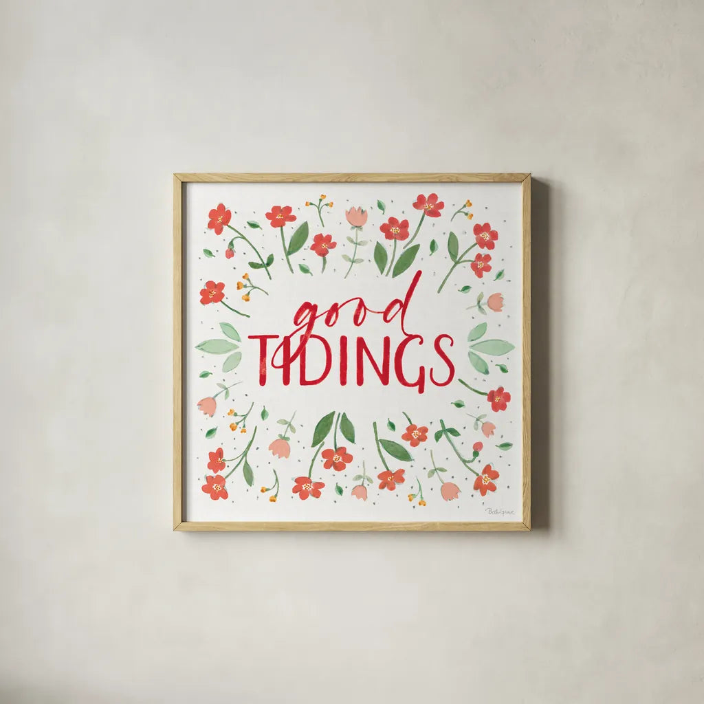 Holiday Bows VI by Beth Grove. Shown in a natural wood glass frame for a timeless modern aesthetic. Available as an archival giclee rolled canvas, fine art paper, or poster print. SKU 100098a.