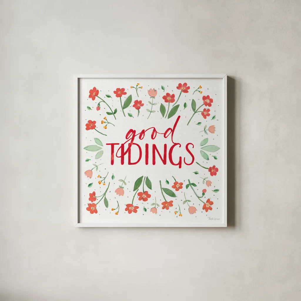 Holiday Bows VI by Beth Grove. Shown in a crisp white glass frame for a clean and minimalist style. Available as an archival giclee rolled canvas, fine art paper, or poster print. SKU 100098a.