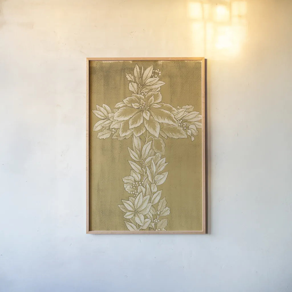 Holiday Cross III by Beth Grove. shown as a paper print in a natural frame. Available as a archival giclee rolled canvas, fine art paper, or poster print. SKU 29187h.