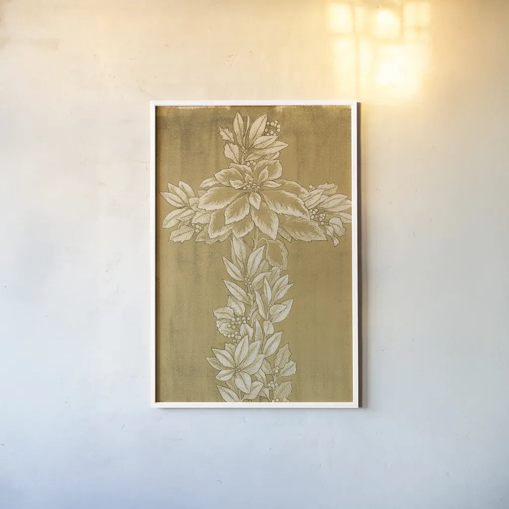 Holiday Cross III by Beth Grove. shown as a paper print in a white frame. Available as a archival giclee rolled canvas, fine art paper, or poster print. SKU 29187h.