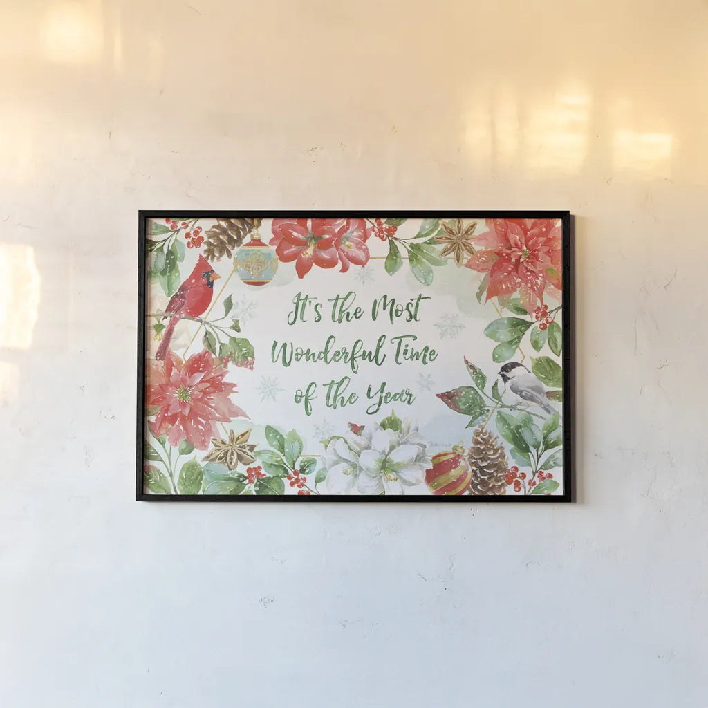 Holiday Flora I by Beth Grove. shown as a paper print in a black flame. Available as a archival giclee rolled canvas, fine art paper, or poster print. SKU 52210i.