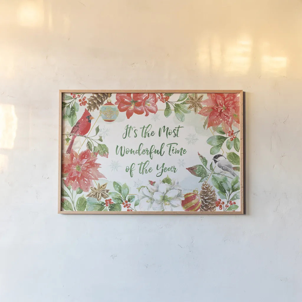 Holiday Flora I by Beth Grove. shown as a paper print in a natural frame. Available as a archival giclee rolled canvas, fine art paper, or poster print. SKU 52210i.