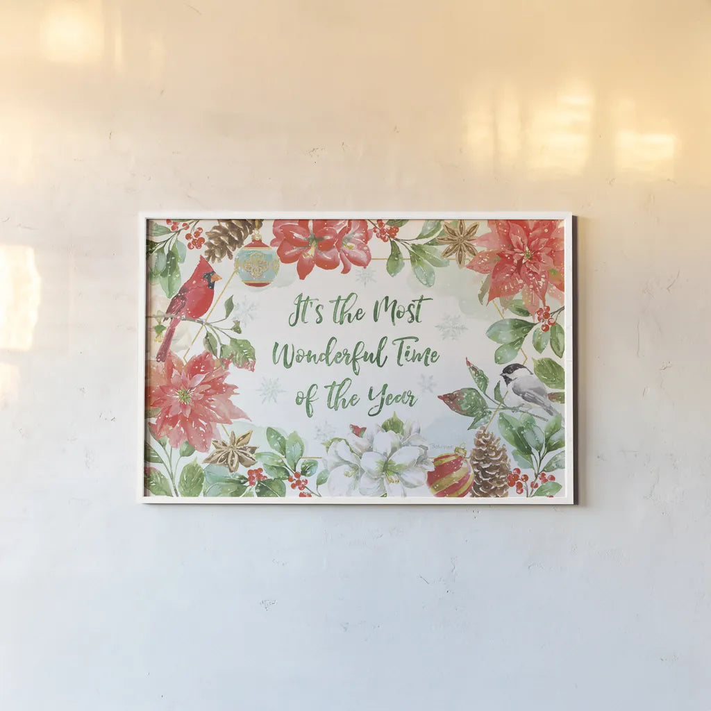 Holiday Flora I by Beth Grove. shown as a paper print in a white frame. Available as a archival giclee rolled canvas, fine art paper, or poster print. SKU 52210i.