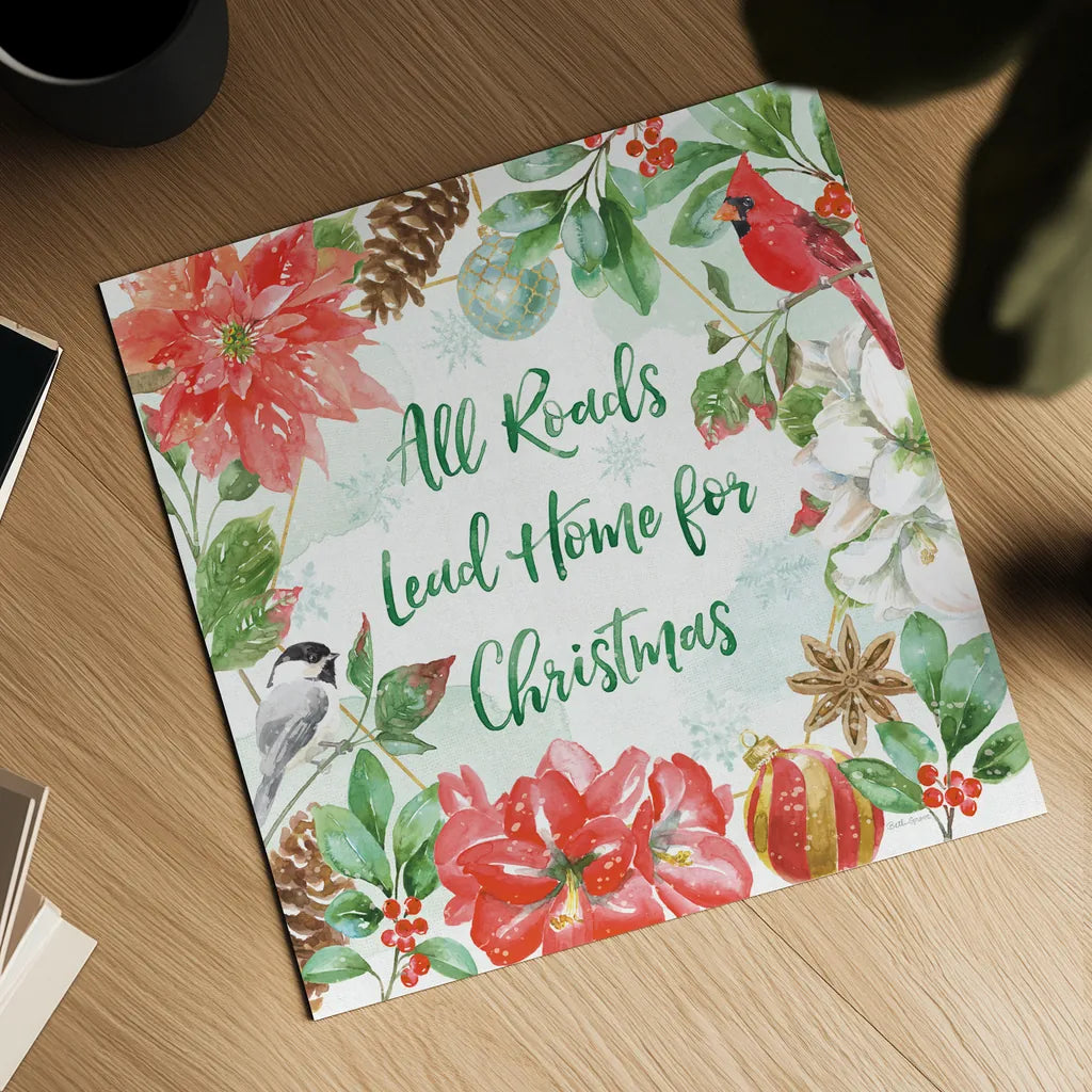 Holiday Flora II by Beth Grove. Shown as a detailed flat fine art print, highlighting archival giclee quality. Available as an archival giclee rolled canvas, fine art paper, or poster print. SKU 52211a.