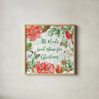 Holiday Flora II by Beth Grove. Shown in a natural wood glass frame for a timeless modern aesthetic. Available as an archival giclee rolled canvas, fine art paper, or poster print. SKU 52211a.