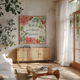 Holiday Flora II by Beth Grove. Shown in a natural wood frame in a cozy modern living room. Available as an archival giclee rolled canvas, fine art paper, or poster print. SKU 52211a.