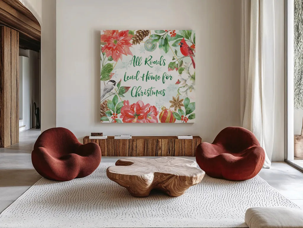Holiday Flora II by Beth Grove. Shown as extra-large giant wall art in a modern living room. Available as an archival giclee rolled canvas, fine art paper, or poster print. SKU 52211a.