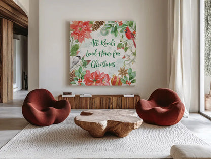 Holiday Flora II by Beth Grove. Shown as extra-large giant wall art in a modern living room. Available as an archival giclee rolled canvas, fine art paper, or poster print. SKU 52211a.