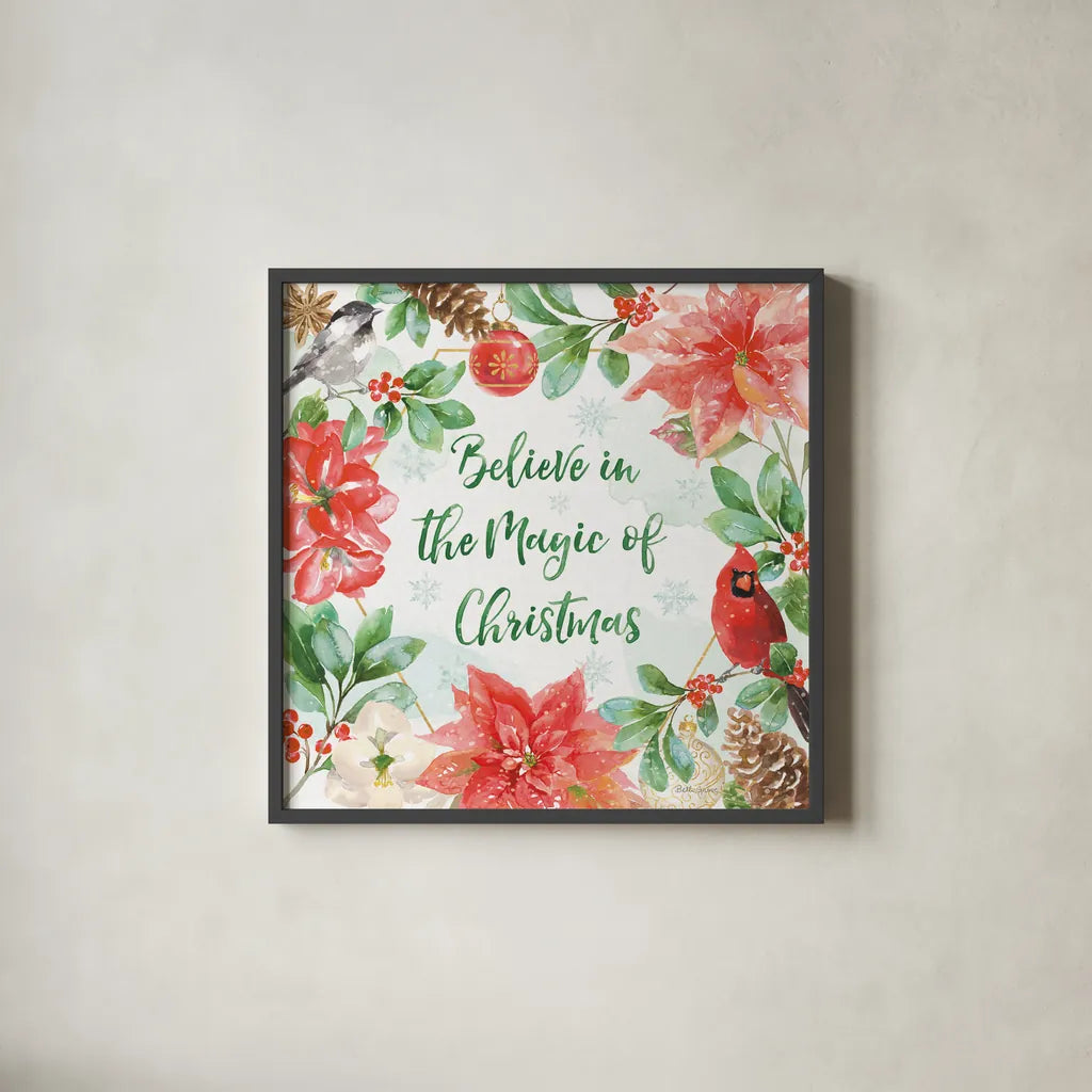 Holiday Flora III by Beth Grove. Shown in a sleek black glass frame for a contemporary gallery look. Available as an archival giclee rolled canvas, fine art paper, or poster print. SKU 52212a.