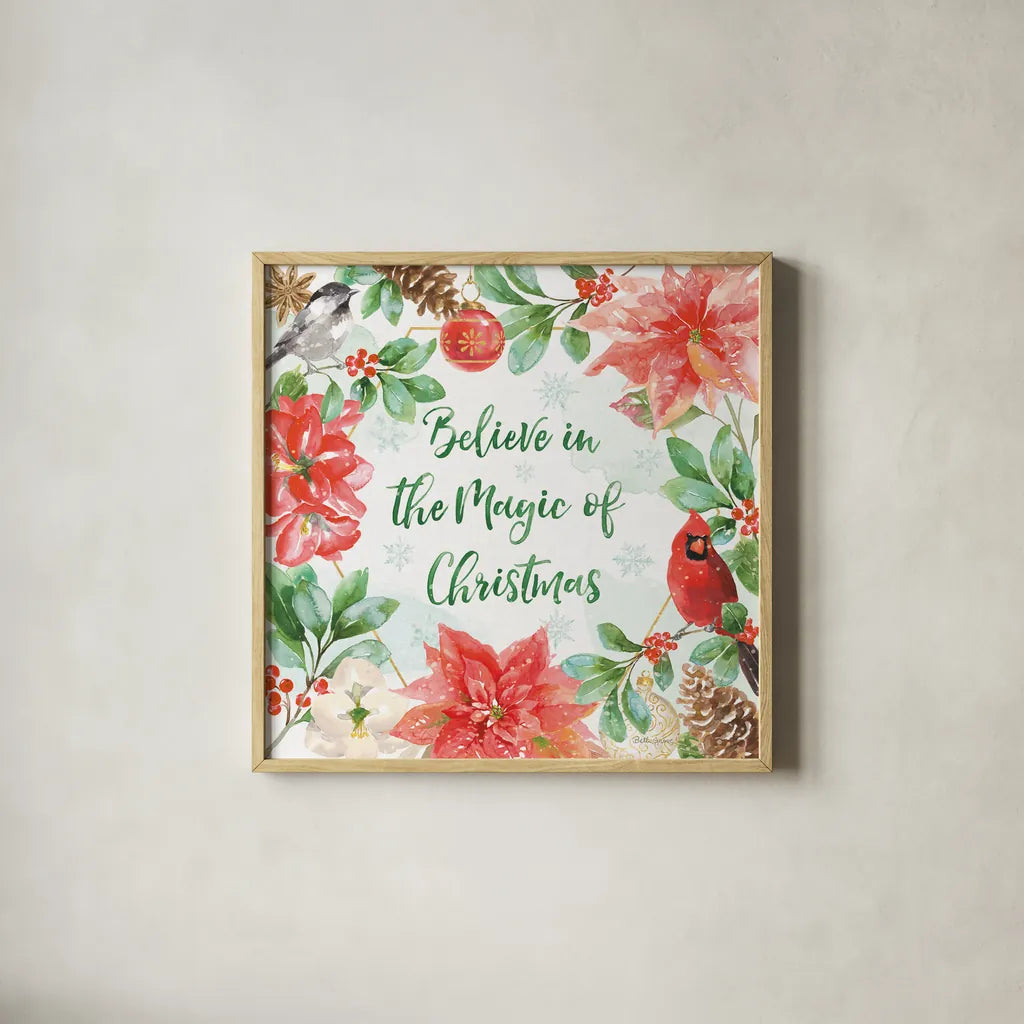 Holiday Flora III by Beth Grove. Shown in a natural wood glass frame for a timeless modern aesthetic. Available as an archival giclee rolled canvas, fine art paper, or poster print. SKU 52212a.