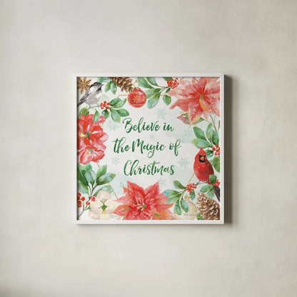 Holiday Flora III by Beth Grove. Shown in a crisp white glass frame for a clean and minimalist style. Available as an archival giclee rolled canvas, fine art paper, or poster print. SKU 52212a.