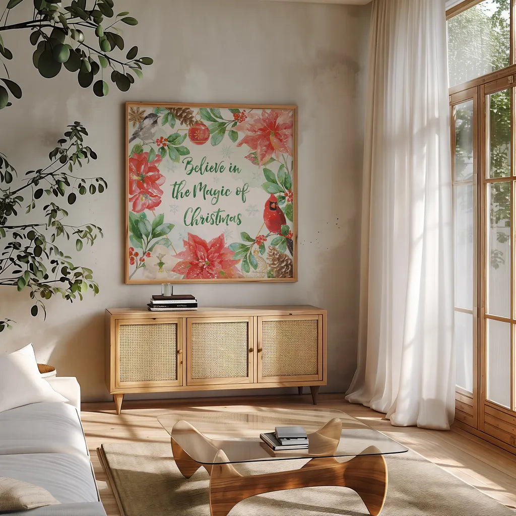 Holiday Flora III by Beth Grove. Shown in a natural wood frame in a cozy modern living room. Available as an archival giclee rolled canvas, fine art paper, or poster print. SKU 52212a.