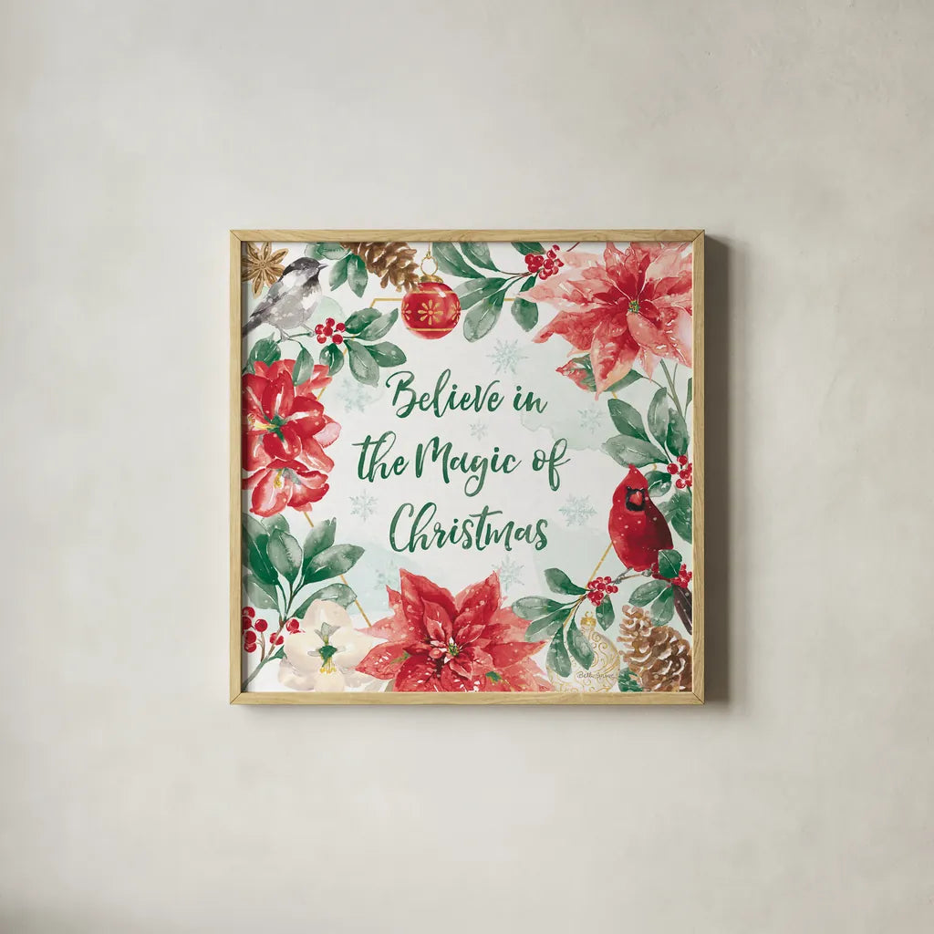 Holiday Flora III v2 by Beth Grove. Shown in a natural wood glass frame for a timeless modern aesthetic. Available as an archival giclee rolled canvas, fine art paper, or poster print. SKU 58380a.