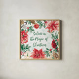 Holiday Flora III v2 by Beth Grove. Shown in a natural wood glass frame for a timeless modern aesthetic. Available as an archival giclee rolled canvas, fine art paper, or poster print. SKU 58380a.