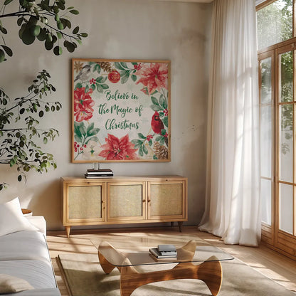 Holiday Flora III v2 by Beth Grove. Shown in a natural wood frame in a cozy modern living room. Available as an archival giclee rolled canvas, fine art paper, or poster print. SKU 58380a.