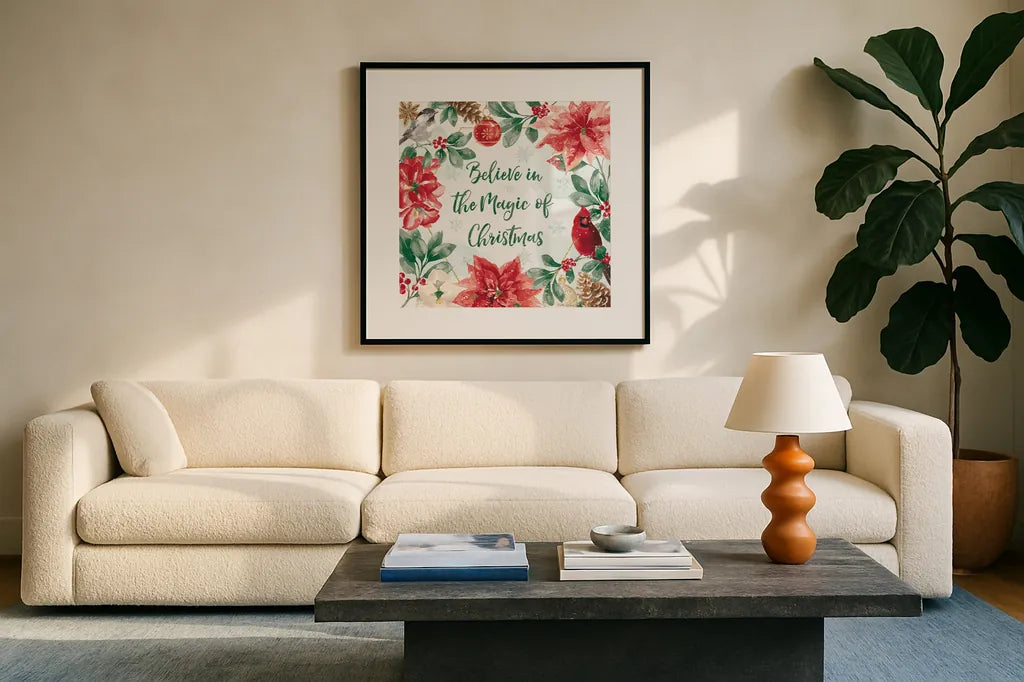 Holiday Flora III v2 by Beth Grove. Displayed in a glass frame with matte in a clean modern living room. Available as an archival giclee rolled canvas, fine art paper, or poster print. SKU 58380a.