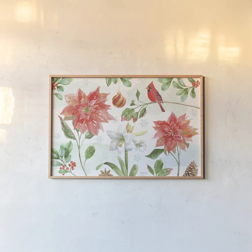 Holiday Flora IV by Beth Grove. shown as a paper print in a natural frame. Available as a archival giclee rolled canvas, fine art paper, or poster print. SKU 52213i.