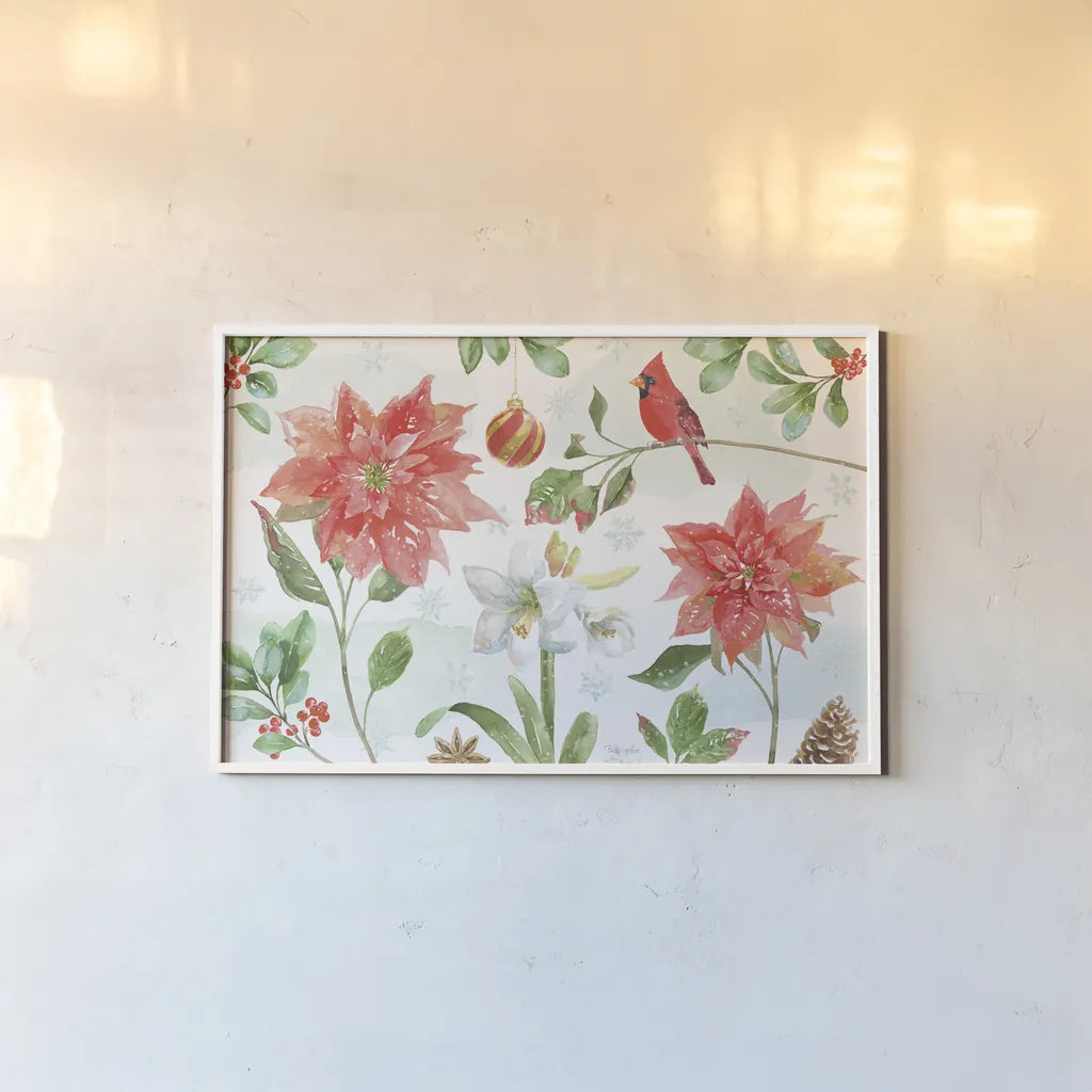 Holiday Flora IV by Beth Grove. shown as a paper print in a white frame. Available as a archival giclee rolled canvas, fine art paper, or poster print. SKU 52213i.