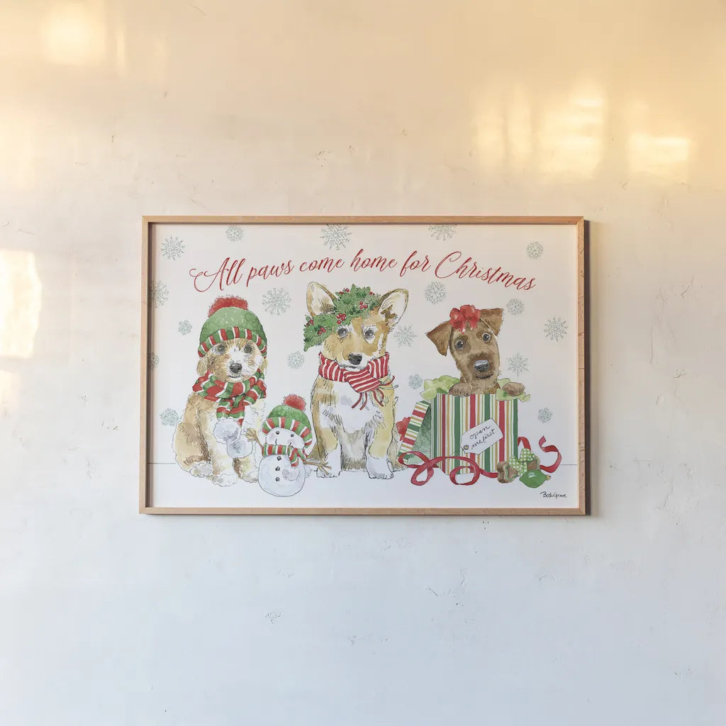 Holiday Paws I by Beth Grove. shown as a paper print in a natural frame. Available as a archival giclee rolled canvas, fine art paper, or poster print. SKU 44148i.