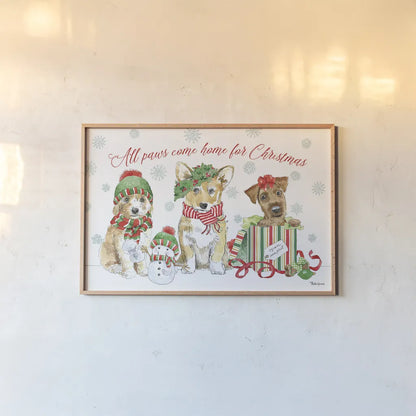 Holiday Paws I by Beth Grove. shown as a paper print in a natural frame. Available as a archival giclee rolled canvas, fine art paper, or poster print. SKU 44148i.