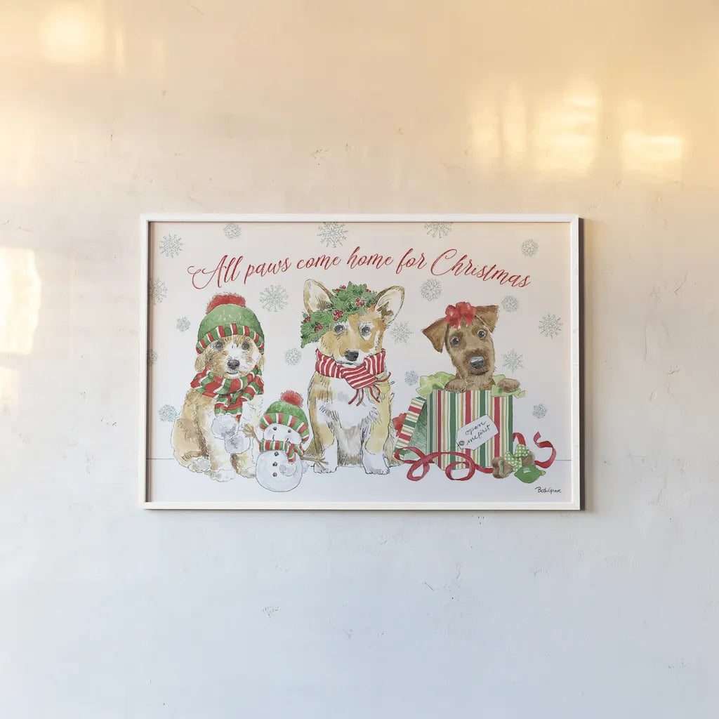 Holiday Paws I by Beth Grove. shown as a paper print in a white frame. Available as a archival giclee rolled canvas, fine art paper, or poster print. SKU 44148i.