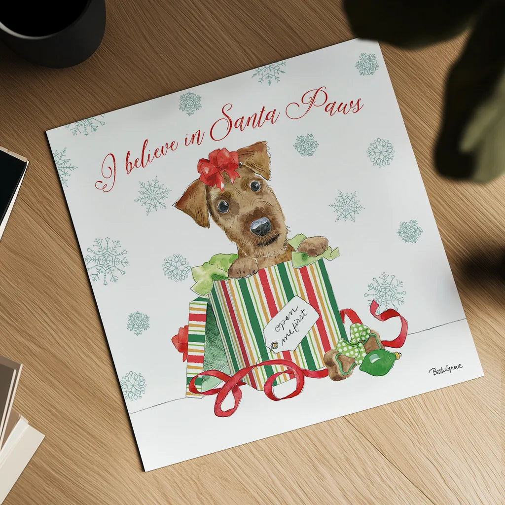 Holiday Paws II by Beth Grove. Shown as a detailed flat fine art print, highlighting archival giclee quality. Available as an archival giclee rolled canvas, fine art paper, or poster print. SKU 44149a.