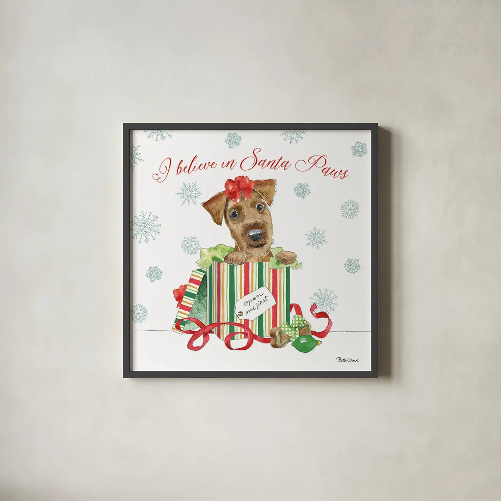 Holiday Paws II by Beth Grove. Shown in a sleek black glass frame for a contemporary gallery look. Available as an archival giclee rolled canvas, fine art paper, or poster print. SKU 44149a.