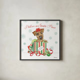 Holiday Paws II by Beth Grove. Shown in a sleek black glass frame for a contemporary gallery look. Available as an archival giclee rolled canvas, fine art paper, or poster print. SKU 44149a.