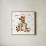Holiday Paws II by Beth Grove. Shown in a natural wood glass frame for a timeless modern aesthetic. Available as an archival giclee rolled canvas, fine art paper, or poster print. SKU 44149a.